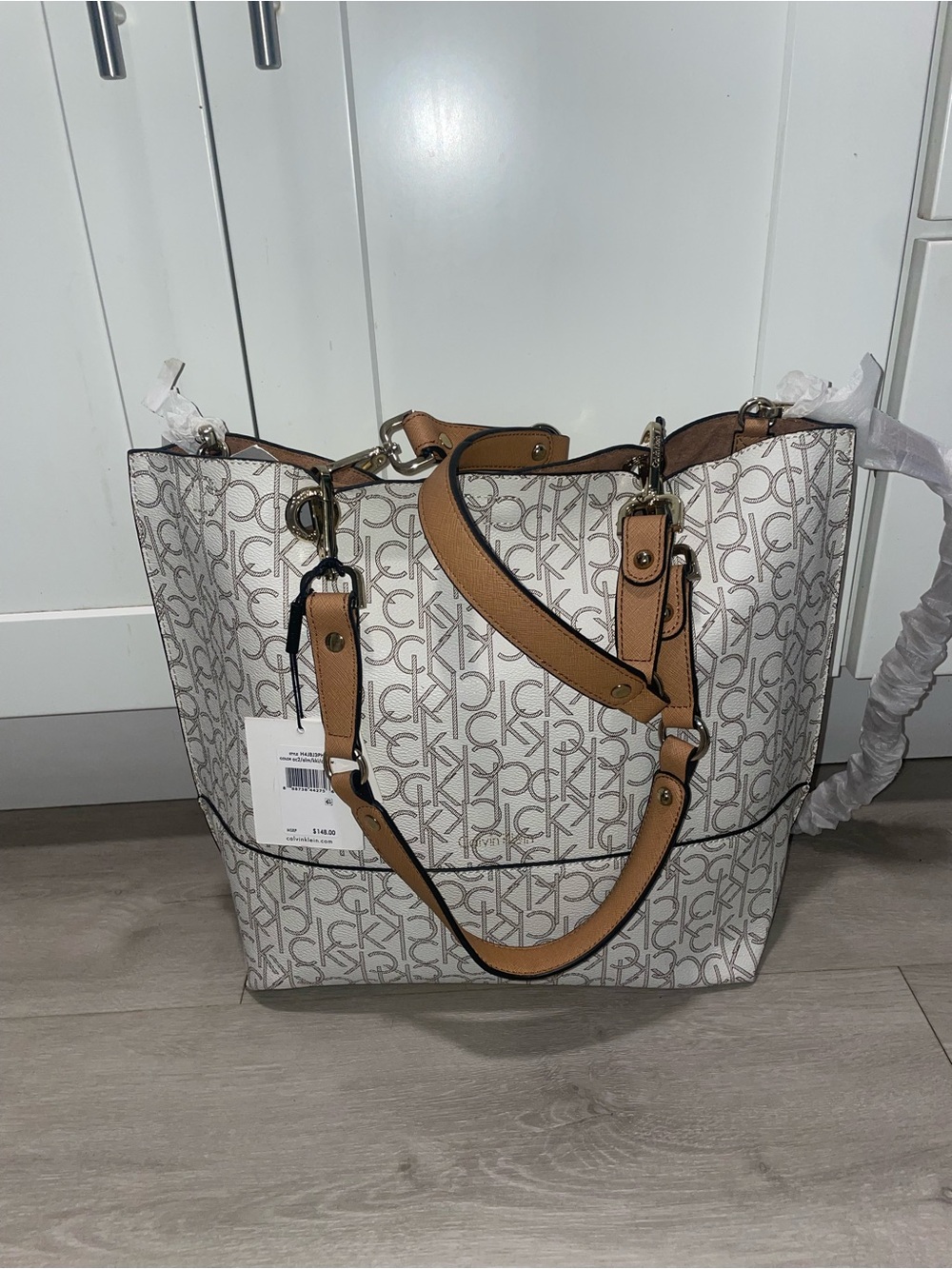 NWT Calvin Klein Tote Bag White CK Monogram Reversible Tan + Pouch Wristlet